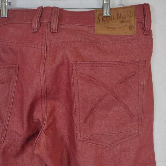 AKOO Mens Red Denim Jeans Straight Leg 36in X 33in Embroidered Pockets - Picture 7 of 14